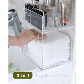 iCASA Disposable Face Towel Holder, 2 in 1 Wall Mounted Acrylic Facial Towel Storage Box Compatible with Clean Skin Club Face Towels XL, Clear Countertop Container Makeup Organizer for Bathroom Vanity