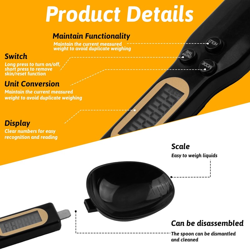 1 Unit Black Digital Spoon Scale, Precise Measurement, Hold and
