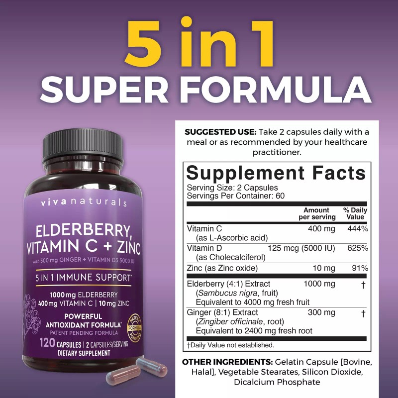 Viva Naturals Elderberry Supplement With Zinc Vitamin C 120 Count