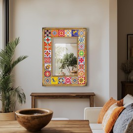 Mexican Talavera Tile Mirror, 24x18 inch Rectangle Mosaic Tile Mirror, Retro Gold Frame Bathroom Mirror for Wall, Spanish Mediterranean Tile Mirror for Entryway, Dining Room, Vanity, Living Room