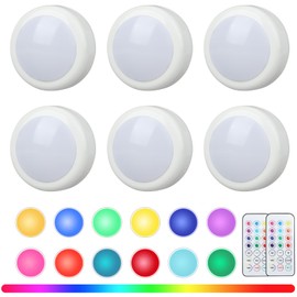 Totahow LED Puck Lights Battery Operated with Remote, 6 Pack 13 Colors Changeable LED Under Cabinet Lights,Stick on Lights with Dimmer and Timer,LED Push Lights Wireless (White, 6)