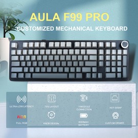 Aula F99 Pro Cherry Profile Mechanical Keyboard, Triple Mode Connected RGB Backlit Side-Shine-Through Gaming Keyboard with Knob for Gaming and Office(Gradient Grey)
