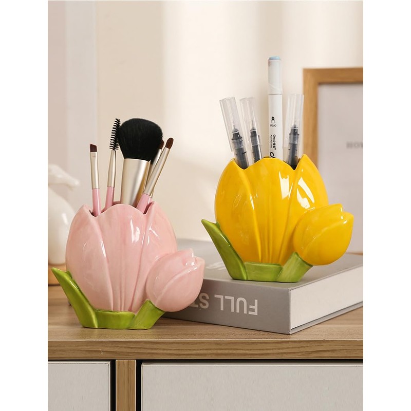 Hosoncovy Ceramic Tulip Makeup Brush Organizer Pot Makeup Brush Holder