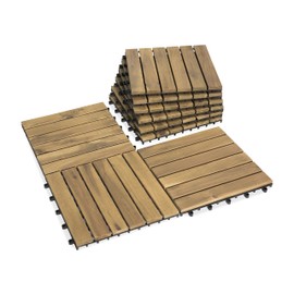 VICTORY RELAX Acacia Wood Patio Deck Tiles - 9 Pcs 6 Slats Interlocking Decking Tiles for Patio Decor, Waterproof Indoor & Outdoor Use, Balcony Garden Decking Tile (11.8 * 11.8 * 0.9 inches) White Oak