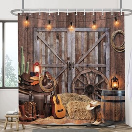 Western Cowboy Shower Curtain with Rustic Barn Door, Farmhouse Country Cactus Shower Curtains for Bathroom, Farm Wooden Vintage Fabric Bathtub Decor Accessories with Hooks, 70X70IN