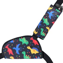 LAHAQIQI Seat Belt Pads for Car, Children's Seat Belt Protector, 2 Piece Seat Belt Set, Adjustable Shoulder Pad with Non-Slip Positioning Clip for Travel (Dinosaur Black)