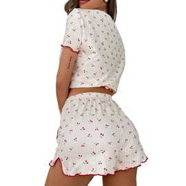 Remidoo Womens Cute Cherry Pajama Set Causal Lettuce Trim Split Hem Loungewear White X-Large
