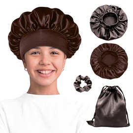 BONNET QUEEN Seidenmütze für Damen, Satin-Nachtmütze zum Schlafen, Geeignet für Lange Natürliche Locken, Perücken, Locs, Geschenkverpackung, Grau und Schokolade