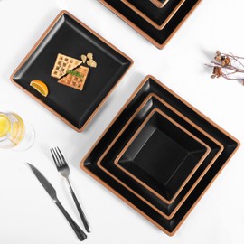 Gofunfun Melamine Dinnerware Sets Service for 4, Square Dinner Plates and Bowls Set,12-Piece Set Non-breakable Lightweight Dinner Tableware for Indoor/Outdoor Use