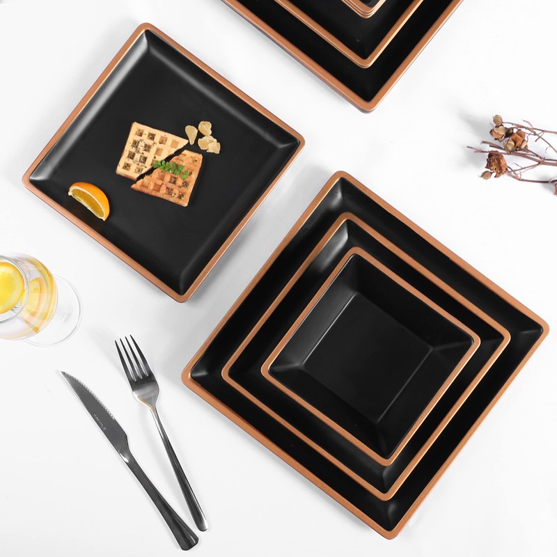 Gofunfun Melamine Dinnerware Sets Service for 4, Square Dinner Plates