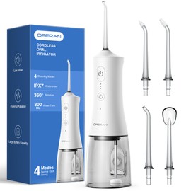 Operan Water Flossers for Teeth Cleaning Upgraded 300ml Cordless Water Dental Flossers Rechargeable Oral Irrigator with 4 Modes 4 Jet Tips IPX7 Waterproof Water Floss for Home Travel (White)+1Pack