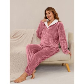 Kissonic Women's Fluffy Pajama Set Fleece Pullover Pants Fuzzy Lounge Set Cozy Winter Pj Sleepwear with Pockets(Pink-M)
