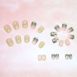 Coffin Full Cover Reusable False Nails with Lemon Green Rhinestone Designs, Press on Nails Short Square Shape with Sticky Tabs, Glue on Nails with Charm, Artificial Finger Acrylic Fake Nails for Women