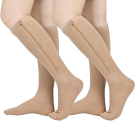 2 pares de calcetines de compresión con cierre para mujeres y hombres, calcetines de compresión de punta cerrada, 15-20 mmHg hasta la rodilla para edema, venas varicosas, dolor hinchado, Beige, XXL