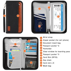 Travel Wallet Passport Holder,RFID Blocking Family Passport Holder for 5,Waterproof Travel Document Organizer,Zipper Credit Vaccine ID Card Slot Passport Wallet Case with Wristlet Strap for Women Men