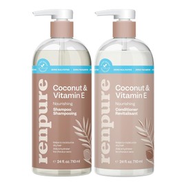 Renpure Coconut & Vitamin E Shampoo & Conditioner Set, Plant-Based – Nourishes & Seals In Moisture For Soft, Healthy Hair – For Dry, Lifeless Hair – Coconut Oil & Vitamin E - 24 Fl Oz each, 2 Pack
