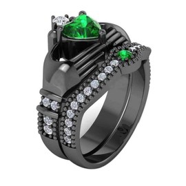 Bridal Sets Black Gold Plated Heart Green Cz 2pcs Womens Wedding Ring Sets Engagement Ring Claddagh Ring