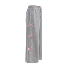OYOANGLE Girl's Elastic Drawstring Waist Bow Sweatpants Y2K Wide Leg Long Trousers Grey 10Y