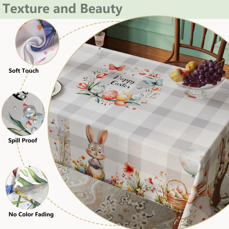 Esmorah Easter Tablecloth Rectangle 60x102 Inch, Grey Plaid Bunny Happy