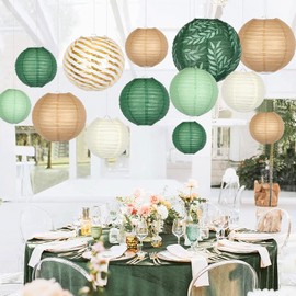 Hanging Paper Lanterns Decorative, Green Brown Paper Lanterns Ceiling Party Decorations with 16 LED Lights for Birthday Bridal Shower Wedding Greenery Neutral Home Décor, Pack of 16