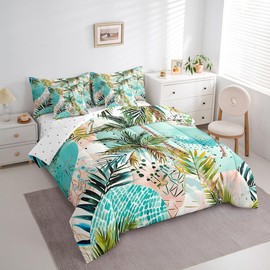 Manfei 7 Pieces Palm Trees Comforter Set Queen, Summer Beach Bedding for Kids Boy Girls, Tropical Botanical Theme Bed Set(1 Comforter,1 Fitted Sheet,1 Flat Sheet,2 Pillowcases,2 Throw Pillow Cover)