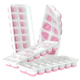 Generic Silicone ice cube tray. Pack of 4 flexible molds easy to unmold for 14 ice cubes with removable lid. Stackable ice cube trays. BPA free. (Pink), LT-DS14