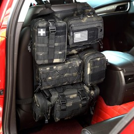Tactical Car Seat Back Organizer, 2025 Upgrade Tactical Vehicle Panel Organizer with 5 Detachable Molle Pouch for Car Truck Ford Jeep Vehicle (Dark CM)