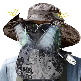 Solar Fan Hat, Wide Brim Sun Hat with 2 Solar Fan, Removable Neck Cap and Face Mask, Hat with Solar Fans Built in, Fishing Hat with Fan for Men, Waterproof Outdoor Hiking Camping Fishing Hat Grey