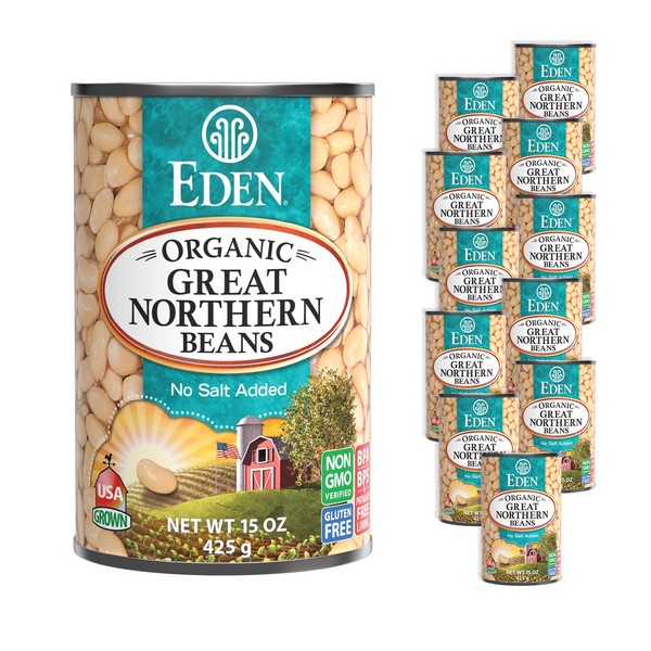 Eden Organic Great Northern Beans (White Beans), 15 oz Can (12-Pack Case), No Salt Added, Non-GMO, Gluten Free, U.S. Grown, Heat and Serve, Macrobiotic, Similar to Cannellini, Smoother