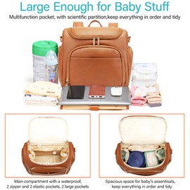 Leather Diaper Bag Backpack with Changing Pad - Multi-Function Large Capacity Baby Bag with Adjustable Shoulder Strap & Stroller Straps