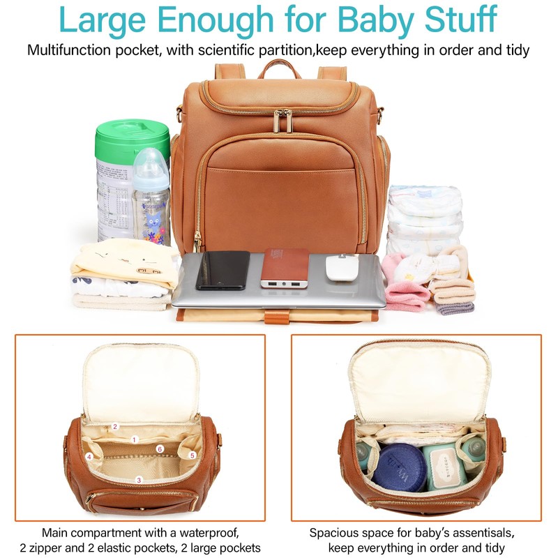 Leather Diaper Bag Backpack with Changing Pad - Multi-Function Large