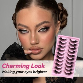 CINYOLA 10 Pairs Mink Lash Fluffy Wispy False Eyelashes, Cat Eye Lashes Extension Strips Charming Look, Volume D Curl Fake Lashes Pack