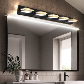 AMARTIZ 5 Light Bathroom Vanity Light Gold Black LED Dimmable Bath Light Over Mirror Golden Wall Sconce with Acrylic Lampshade,White Light 3000K-6000K,3 Color