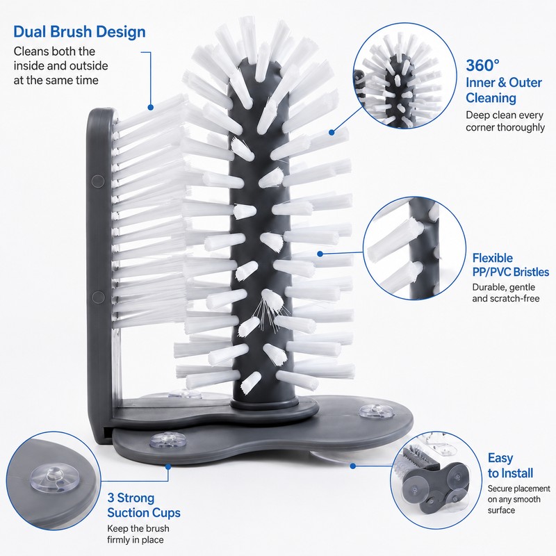 Suction Cup Glass Cleaning Brush for Kitchen Sinks – Hands-Free