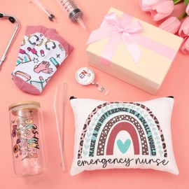 Skylety 5 Pcs ER Nurse Gifts for Women Set with 16 oz Glass Cup Socks Cosmetic Bag Badge Holder Thank You Emergency Nurse Appreciation Gift Box for Medical Party Nursing Day School Party Decorations