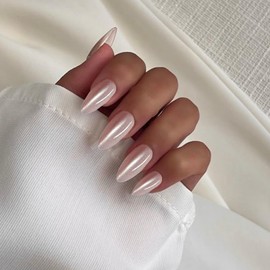 IQXGE Medium Almond Press on Nails Full Cover False Fake Nails Press ons Cat Eye Stick on Nail Glitter Light Pale Pink Acrylic Fake Nail Shiny Artificial 24Pcs Reusable for Women