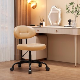 Misolant Vanity Chair with Back, Small Armless Cute Office Chair with Wheels and Lumbar Support, Comfy PU Leather Desk Computer Chairs with Adjustable Height, 360° Swivel for Home Bedroom, Khaki