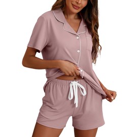 ZMJ 2 Piece Sets for Women Summer Pajamas Silk Satin Lounge Sets Short Sleeve Top and Shorts Pj Set Button Down Sleepwear, S