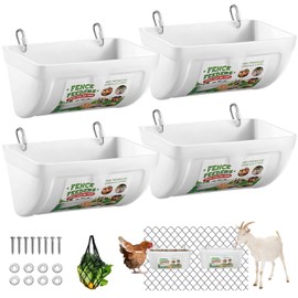 4 Pack Chicken Feeders, 4.5 Quart Goat Hanging Fence Feeders, with Hooks, Screws, & Chicken Coop Treat Bag, Livestock Feeders Water Bucket for Chickens, Ducks, Dogs, Cows, Sheep, Rabbits