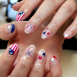 24Pcs Independence Day Red Blue French Tip Press on Nails Short Oval Fake Nails with American Flag Firework Glitter Design False Nails Acrylic Nails 4th of July Patriotic Artificial Nails for Women
