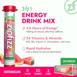 Zipfizz Daily Energy Drink Powder, Watermelon, 20 Pack | 3-in-1 Sustained Energy, Rapid Hydration, and Essential Vitamins | Sugar-Free | Electrolyte Powder | Contains Vitamin B-12 & Antioxidants