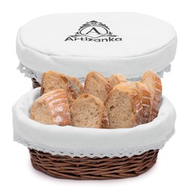 A ARTIZANKA Medium Handmade Wicker Bread Basket for Serving Set – 11 inch Sourdough Bread and Pastries Basket with Removable Liner and Cover Bread Storage Container and Fruit Basket
