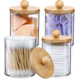 4 Pack Qtip Holder Dispenser with Bamboo Lids - 10 oz Clear Plastic Apothecary Jar Containers for Vanity Makeup Organizer Storage, Ideal Bathroom Accessories Set for Cotton Swabs, Balls, Pads, Floss - Color: 3 Pack of 10 oz
