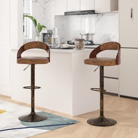 VECELO Bar Stool Set of 2,Kitchen Island Stools with Bentwood Back,Arm&Footrest,360°Swivel Counter Height Stools,PU Leather Cushion Seat Adjustable Height for Club Pub&Kitchen,Dark Brown