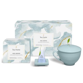Tea Forte Wellbeing Gift Set, Tea Gift Box w Cafe Tea Cup, Tea Tray & Sampler of 10 Tea Pyramid Infusers