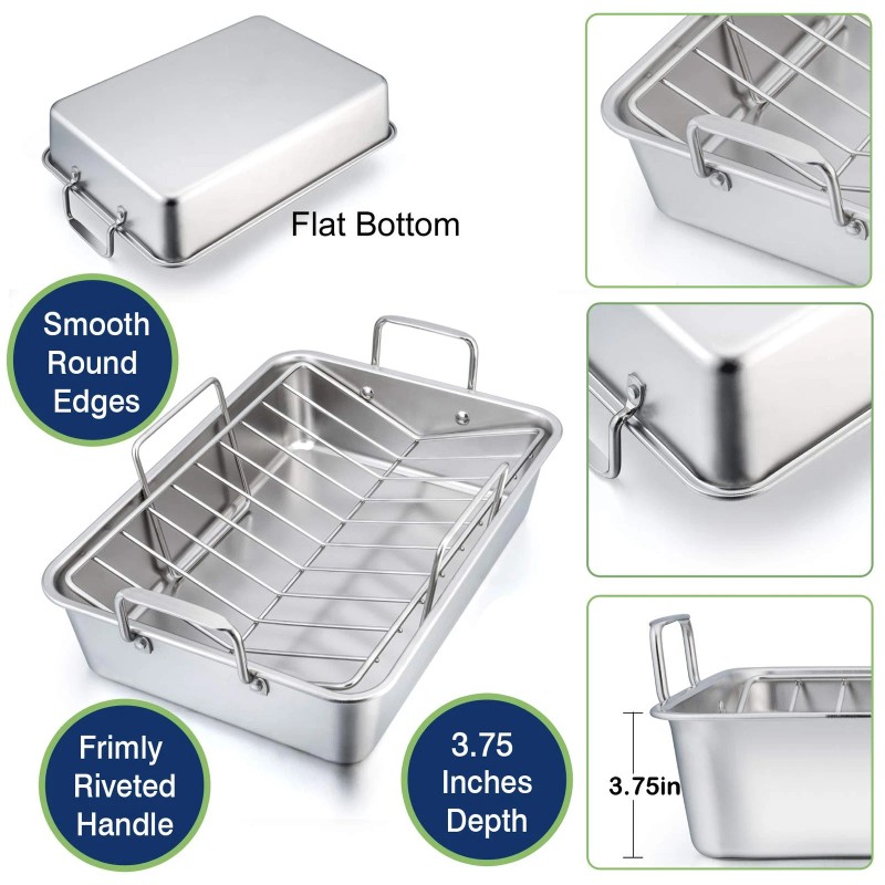 P&P CHEF Stainless Steel Roasting Pan with Rack Set Cooking