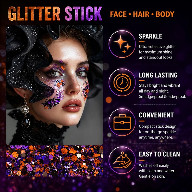 Halloween Face Glitter Stick, Halloween Hair Glitter for Kids and