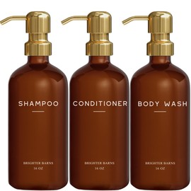 Luxury Shampoo and Conditioner Dispenser Set by Brighter Barns - Empty Shampoo Bottles Refillable with Gold Pump - Plastic Shower Soap Dispenser for Modern Bathroom Decor in Airbnb, Spa (Amber Gold)