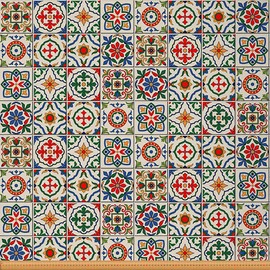 Moroccan Style Fabric by The Yard,Exotic Grid Plaid Floral Upholstery Fabric,Mediterranean Outdoor Fabric,Flowers Oriental Reupholstery Fabric for Chairs,1 Yard,(L92*W150cm) Magenta Blue