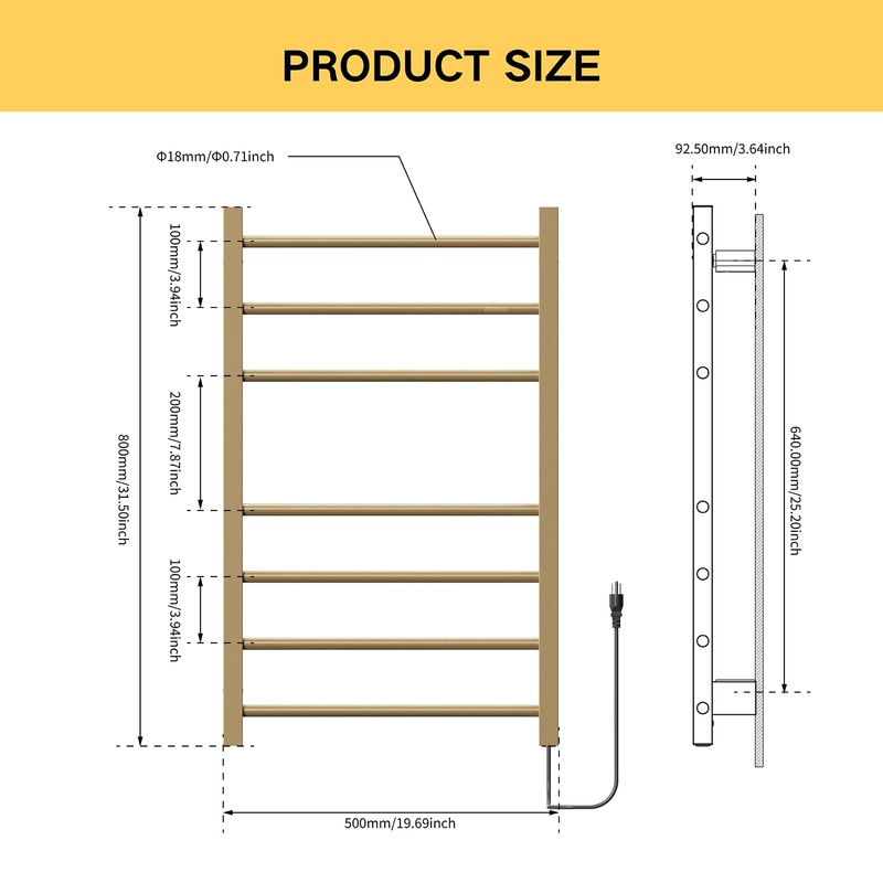 Z&Zhanle Electric Heated Towel Rack, Gold Finish, Wall Mounted Bathroom